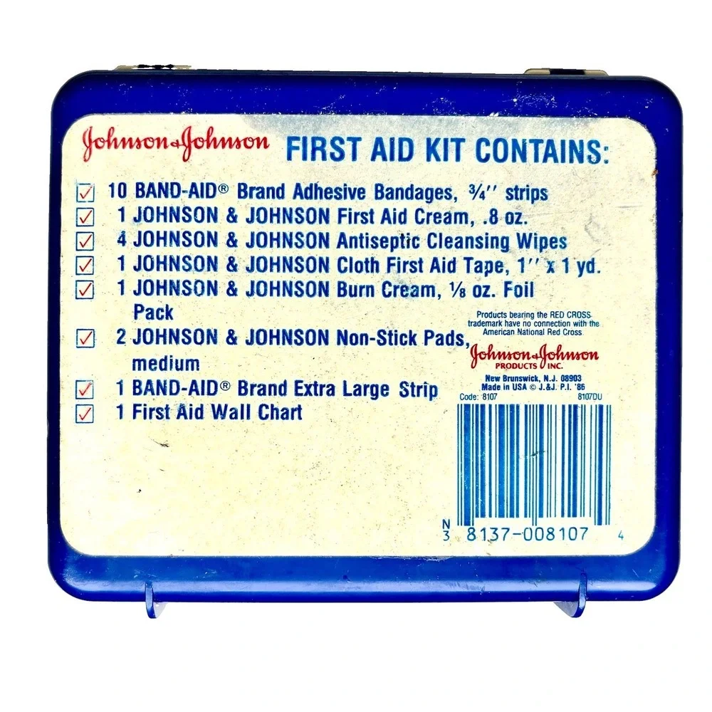 Vintage 1986 Johnson & Johnson Compact First Aid Kit Plastic Case Box Code 8107